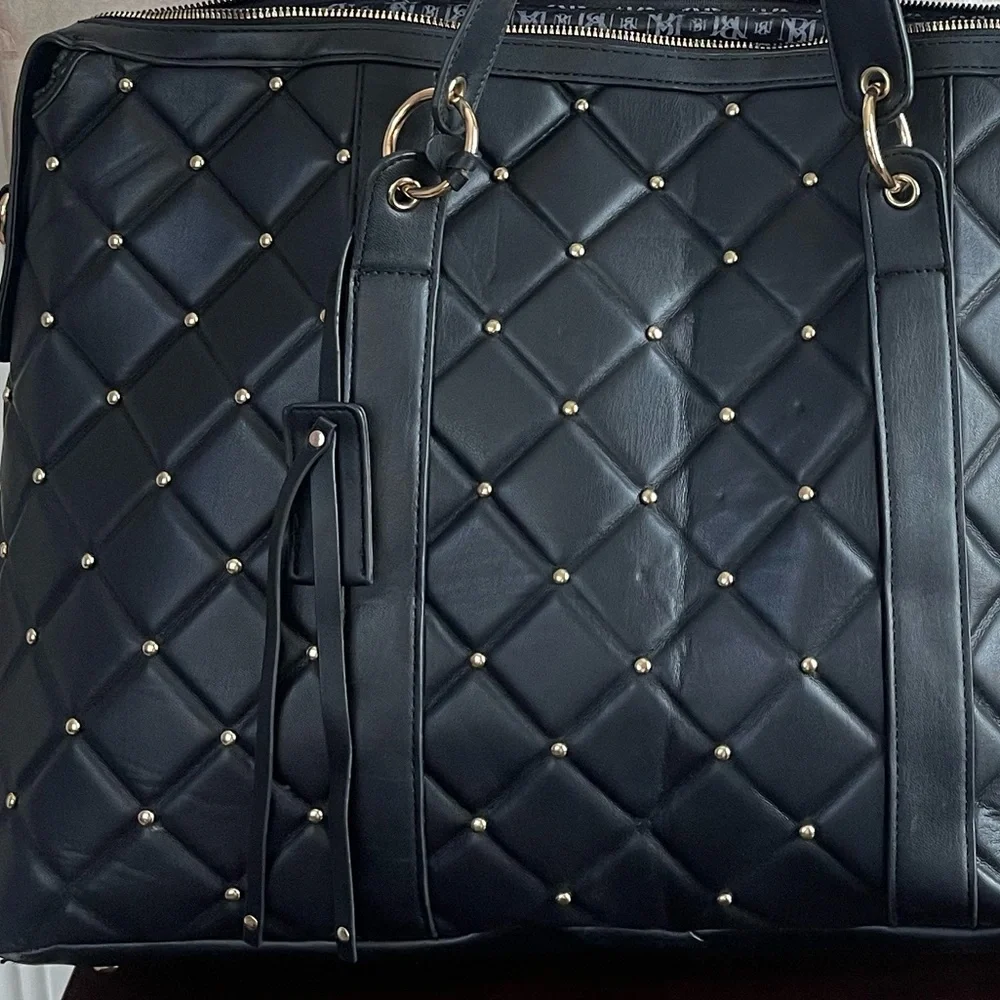 Badgley Mischka Black Quilted Tote with Gold Stud Detailing - Picture 4 of 13